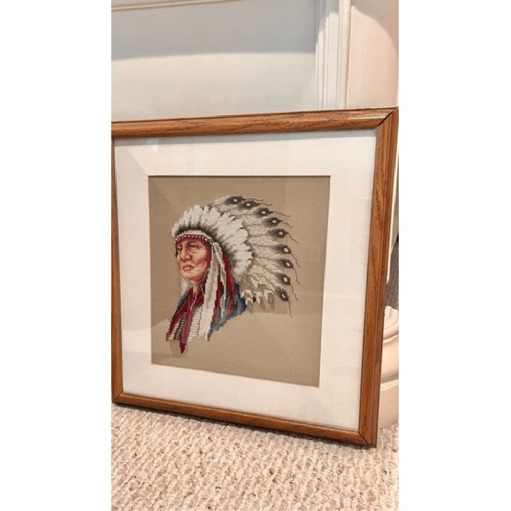 Vintage Hollow Horn Bear Cross Stitch Framed Native American Portrait 1992 15x15